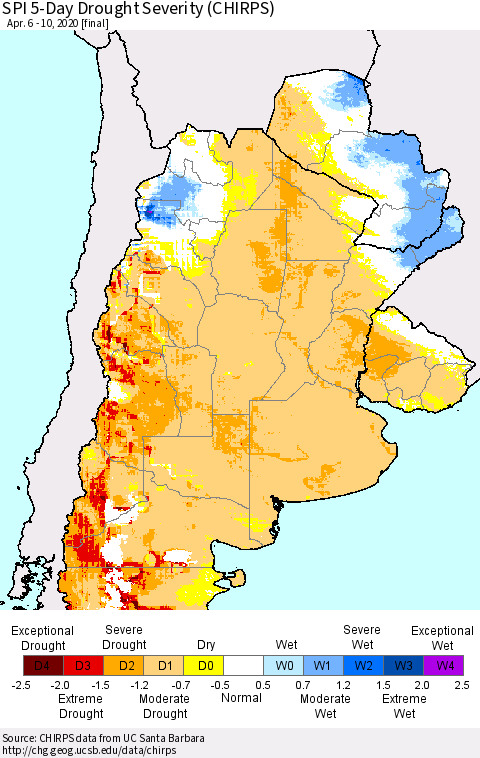 Southern South America SPI 5-Day Drought Severity (CHIRPS) Thematic Map For 4/6/2020 - 4/10/2020