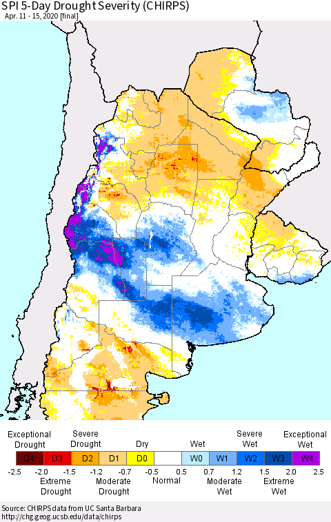 Southern South America SPI 5-Day Drought Severity (CHIRPS) Thematic Map For 4/11/2020 - 4/15/2020