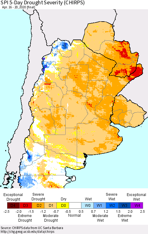 Southern South America SPI 5-Day Drought Severity (CHIRPS) Thematic Map For 4/16/2020 - 4/20/2020