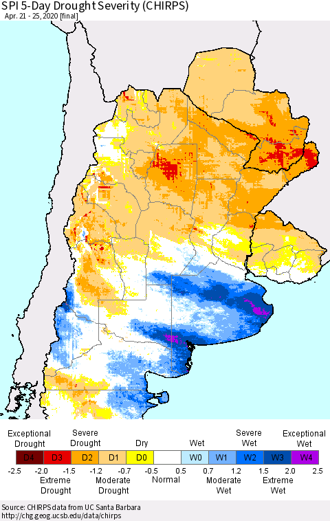 Southern South America SPI 5-Day Drought Severity (CHIRPS) Thematic Map For 4/21/2020 - 4/25/2020