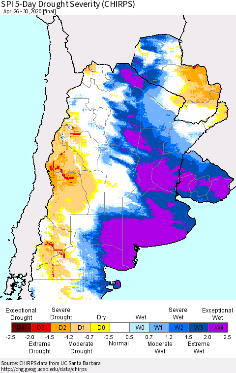 Southern South America SPI 5-Day Drought Severity (CHIRPS) Thematic Map For 4/26/2020 - 4/30/2020