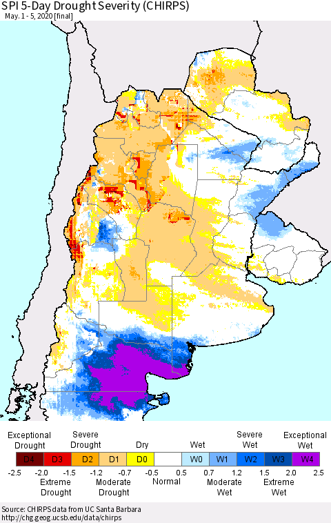 Southern South America SPI 5-Day Drought Severity (CHIRPS) Thematic Map For 5/1/2020 - 5/5/2020