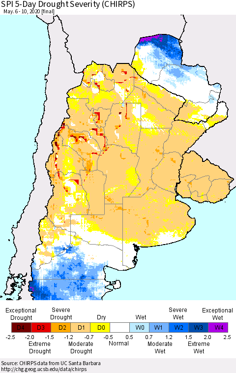 Southern South America SPI 5-Day Drought Severity (CHIRPS) Thematic Map For 5/6/2020 - 5/10/2020