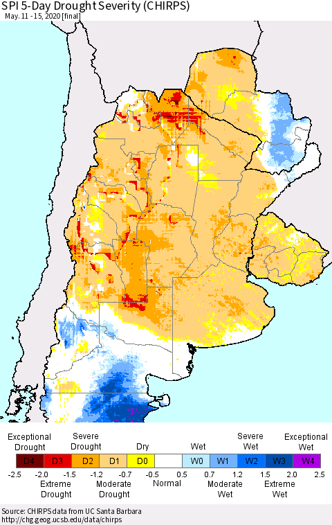 Southern South America SPI 5-Day Drought Severity (CHIRPS) Thematic Map For 5/11/2020 - 5/15/2020