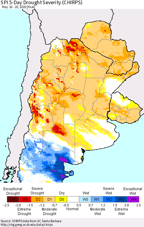 Southern South America SPI 5-Day Drought Severity (CHIRPS) Thematic Map For 5/16/2020 - 5/20/2020