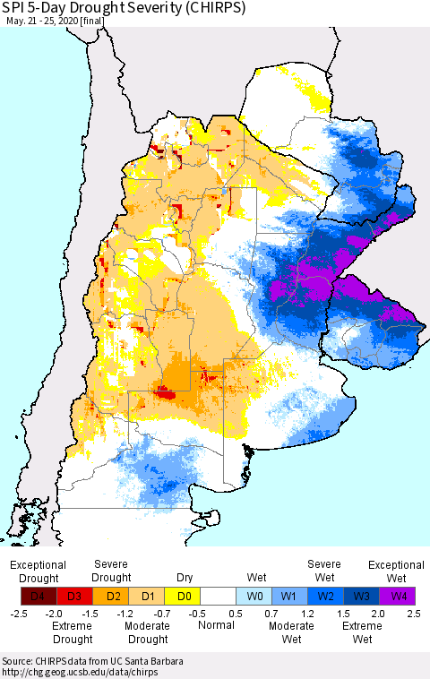 Southern South America SPI 5-Day Drought Severity (CHIRPS) Thematic Map For 5/21/2020 - 5/25/2020