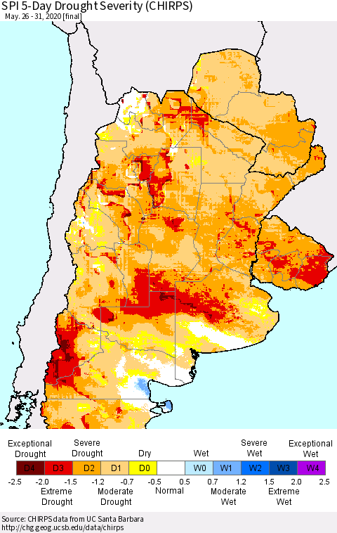 Southern South America SPI 5-Day Drought Severity (CHIRPS) Thematic Map For 5/26/2020 - 5/31/2020