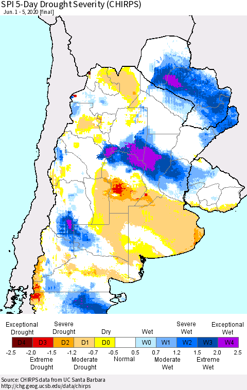 Southern South America SPI 5-Day Drought Severity (CHIRPS) Thematic Map For 6/1/2020 - 6/5/2020
