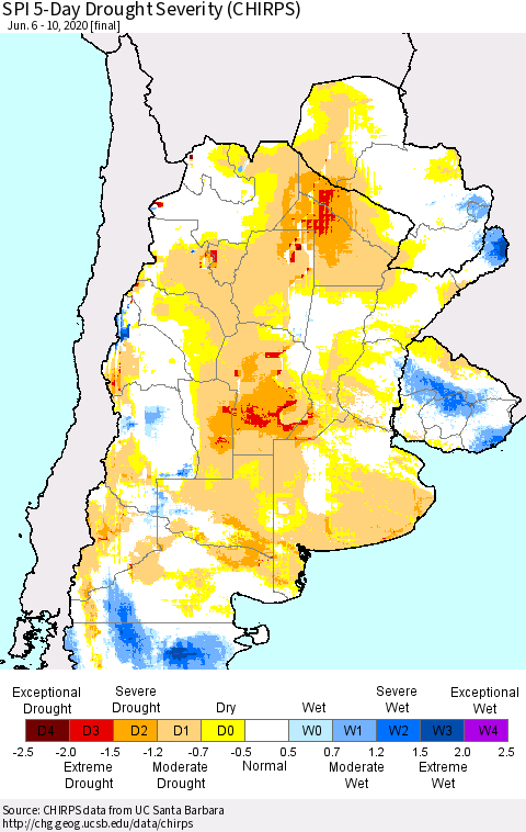 Southern South America SPI 5-Day Drought Severity (CHIRPS) Thematic Map For 6/6/2020 - 6/10/2020