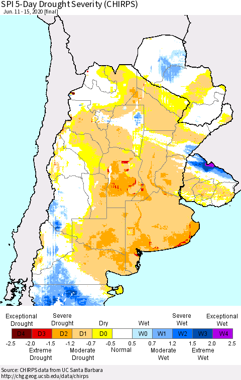 Southern South America SPI 5-Day Drought Severity (CHIRPS) Thematic Map For 6/11/2020 - 6/15/2020