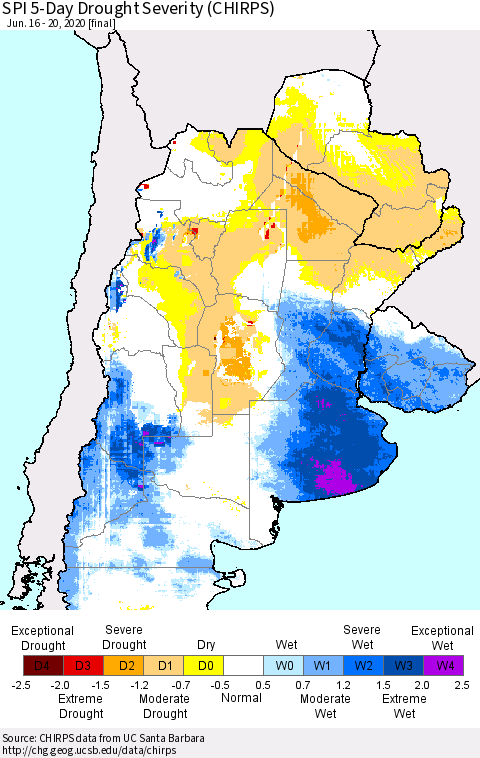 Southern South America SPI 5-Day Drought Severity (CHIRPS) Thematic Map For 6/16/2020 - 6/20/2020