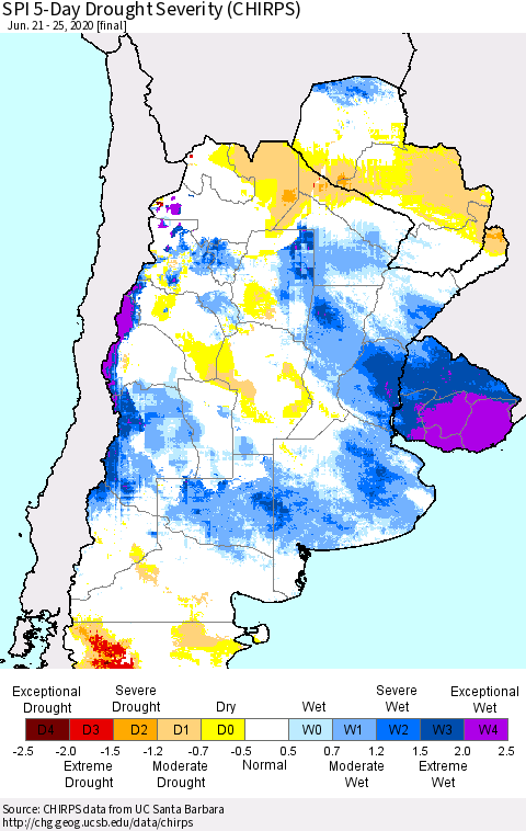 Southern South America SPI 5-Day Drought Severity (CHIRPS) Thematic Map For 6/21/2020 - 6/25/2020