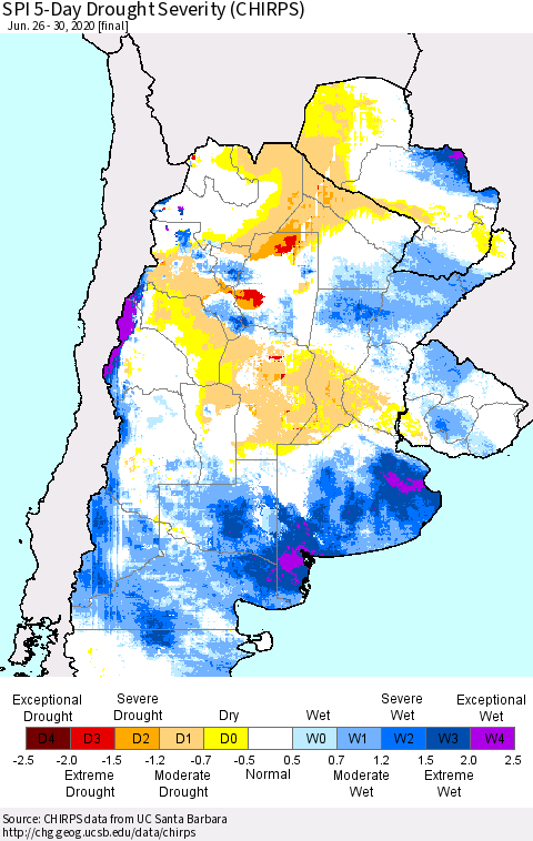 Southern South America SPI 5-Day Drought Severity (CHIRPS) Thematic Map For 6/26/2020 - 6/30/2020