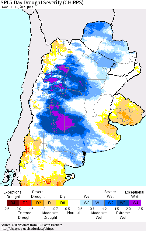 Southern South America SPI 5-Day Drought Severity (CHIRPS) Thematic Map For 11/11/2020 - 11/15/2020