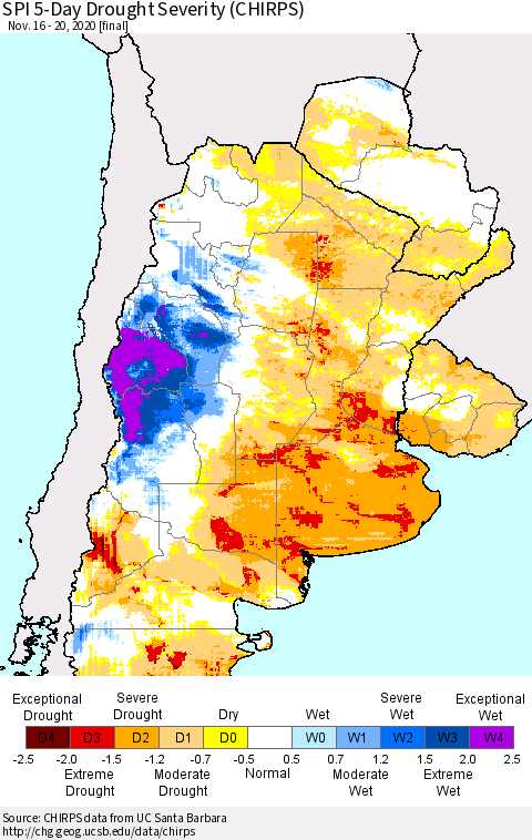 Southern South America SPI 5-Day Drought Severity (CHIRPS) Thematic Map For 11/16/2020 - 11/20/2020