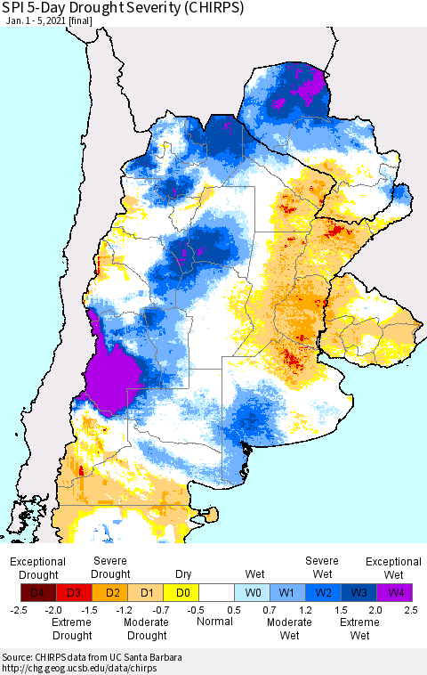 Southern South America SPI 5-Day Drought Severity (CHIRPS) Thematic Map For 1/1/2021 - 1/5/2021