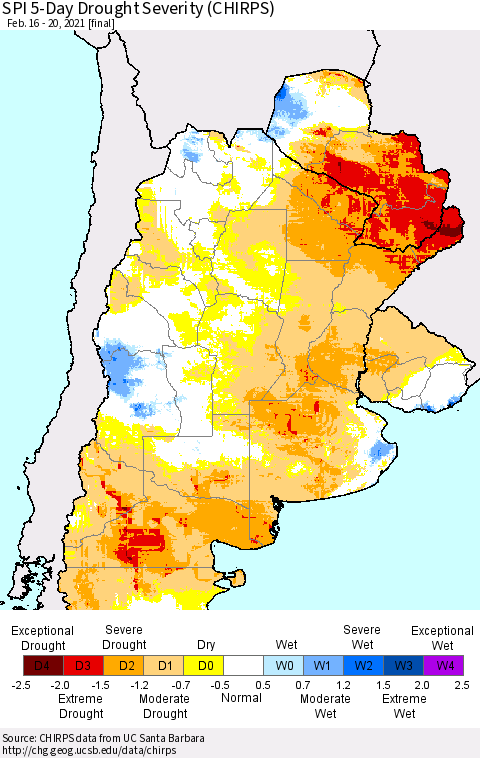 Southern South America SPI 5-Day Drought Severity (CHIRPS) Thematic Map For 2/16/2021 - 2/20/2021