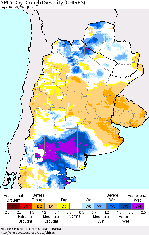Southern South America SPI 5-Day Drought Severity (CHIRPS) Thematic Map For 4/16/2021 - 4/20/2021
