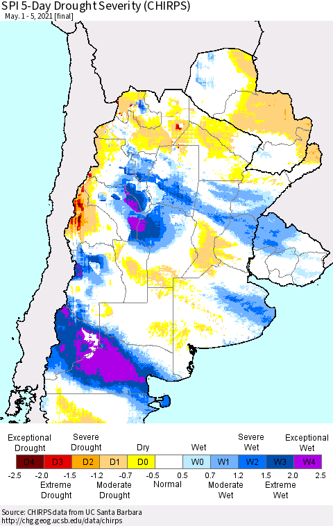 Southern South America SPI 5-Day Drought Severity (CHIRPS) Thematic Map For 5/1/2021 - 5/5/2021
