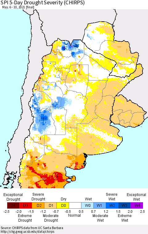 Southern South America SPI 5-Day Drought Severity (CHIRPS) Thematic Map For 5/6/2021 - 5/10/2021