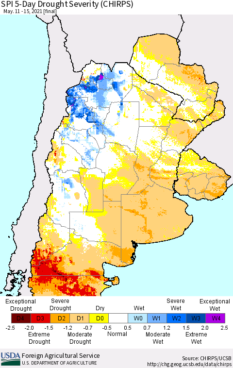 Southern South America SPI 5-Day Drought Severity (CHIRPS) Thematic Map For 5/11/2021 - 5/15/2021