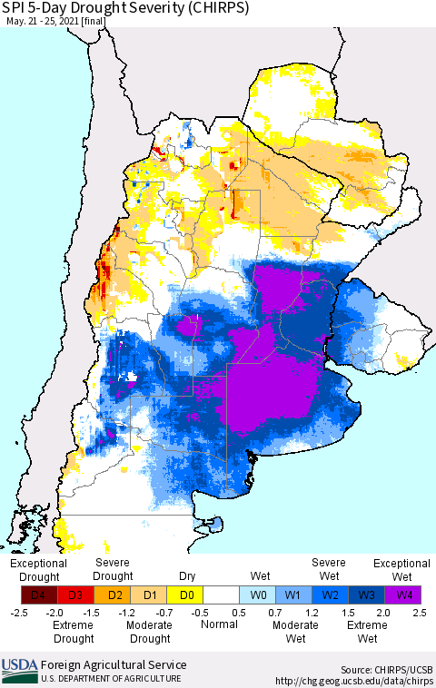 Southern South America SPI 5-Day Drought Severity (CHIRPS) Thematic Map For 5/21/2021 - 5/25/2021