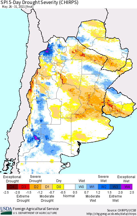 Southern South America SPI 5-Day Drought Severity (CHIRPS) Thematic Map For 5/26/2021 - 5/31/2021