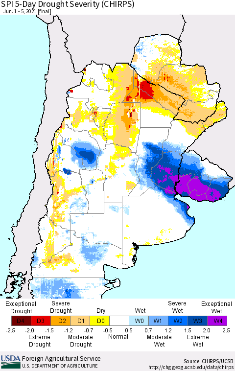 Southern South America SPI 5-Day Drought Severity (CHIRPS) Thematic Map For 6/1/2021 - 6/5/2021