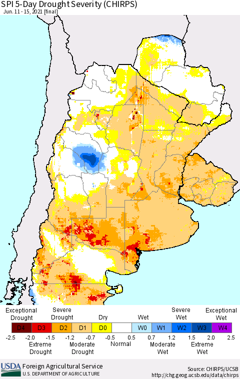 Southern South America SPI 5-Day Drought Severity (CHIRPS) Thematic Map For 6/11/2021 - 6/15/2021