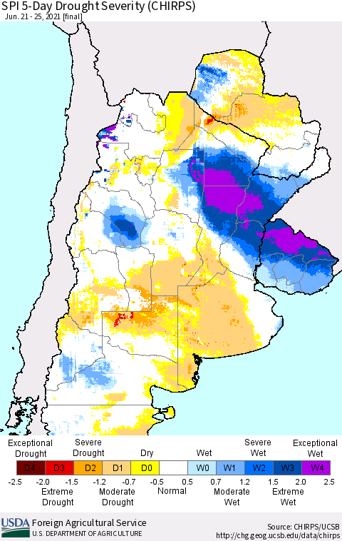 Southern South America SPI 5-Day Drought Severity (CHIRPS) Thematic Map For 6/21/2021 - 6/25/2021