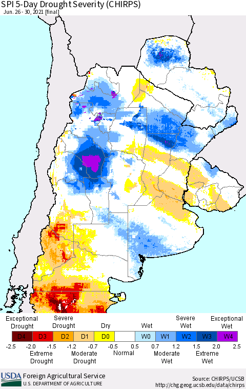 Southern South America SPI 5-Day Drought Severity (CHIRPS) Thematic Map For 6/26/2021 - 6/30/2021