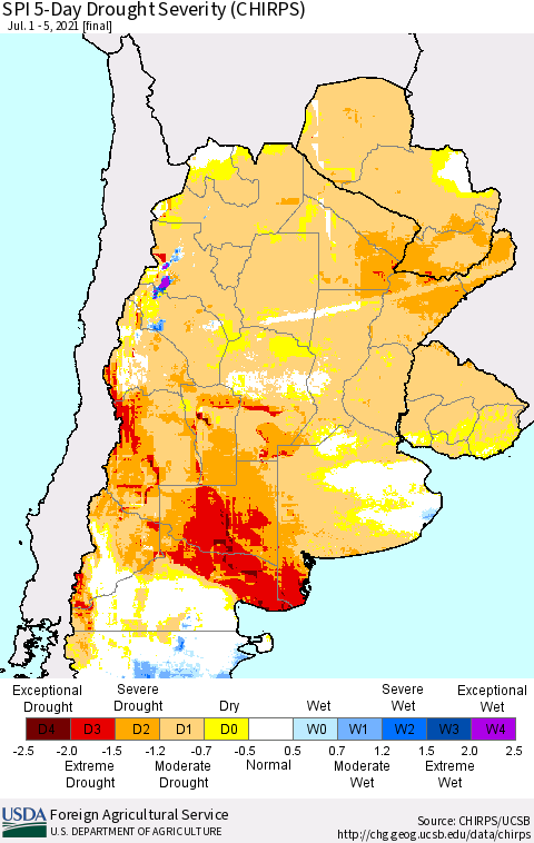Southern South America SPI 5-Day Drought Severity (CHIRPS) Thematic Map For 7/1/2021 - 7/5/2021