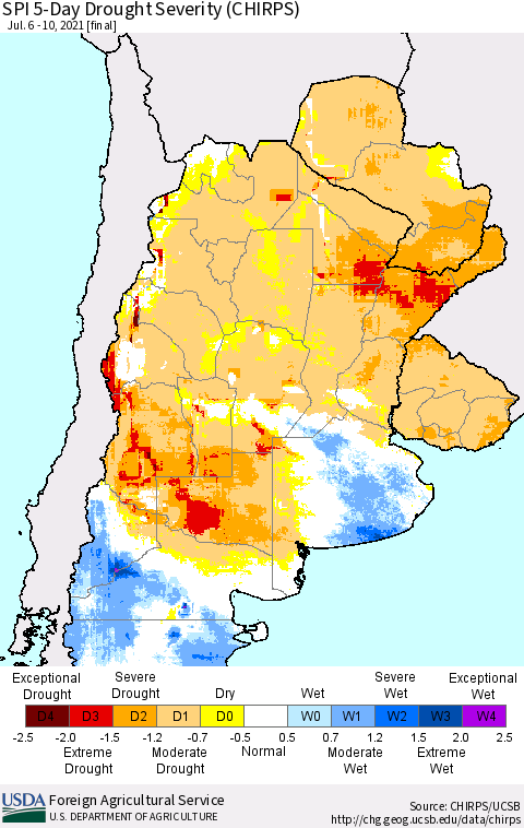 Southern South America SPI 5-Day Drought Severity (CHIRPS) Thematic Map For 7/6/2021 - 7/10/2021