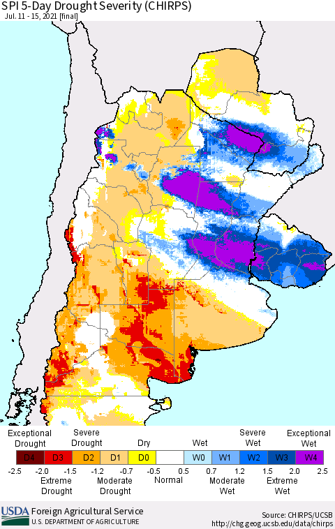 Southern South America SPI 5-Day Drought Severity (CHIRPS) Thematic Map For 7/11/2021 - 7/15/2021