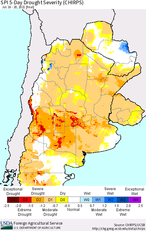 Southern South America SPI 5-Day Drought Severity (CHIRPS) Thematic Map For 7/16/2021 - 7/20/2021
