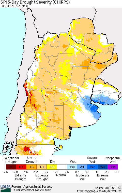 Southern South America SPI 5-Day Drought Severity (CHIRPS) Thematic Map For 7/21/2021 - 7/25/2021