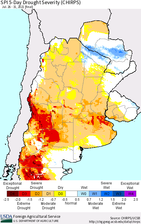 Southern South America SPI 5-Day Drought Severity (CHIRPS) Thematic Map For 7/26/2021 - 7/31/2021