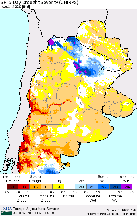 Southern South America SPI 5-Day Drought Severity (CHIRPS) Thematic Map For 8/1/2021 - 8/5/2021