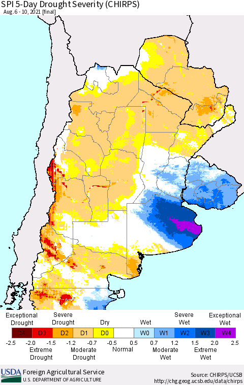 Southern South America SPI 5-Day Drought Severity (CHIRPS) Thematic Map For 8/6/2021 - 8/10/2021