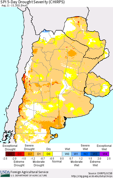 Southern South America SPI 5-Day Drought Severity (CHIRPS) Thematic Map For 8/11/2021 - 8/15/2021