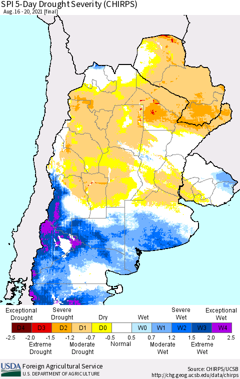 Southern South America SPI 5-Day Drought Severity (CHIRPS) Thematic Map For 8/16/2021 - 8/20/2021
