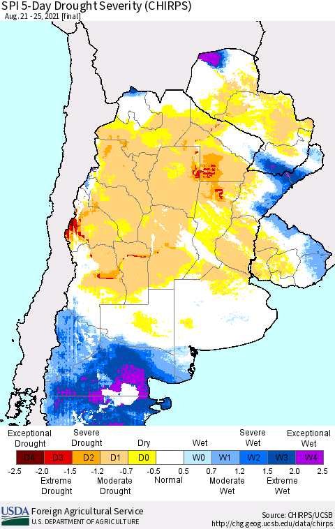 Southern South America SPI 5-Day Drought Severity (CHIRPS) Thematic Map For 8/21/2021 - 8/25/2021