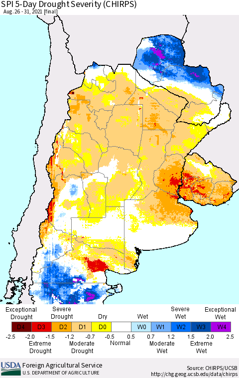 Southern South America SPI 5-Day Drought Severity (CHIRPS) Thematic Map For 8/26/2021 - 8/31/2021