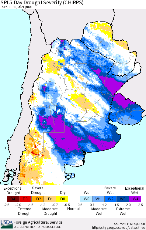 Southern South America SPI 5-Day Drought Severity (CHIRPS) Thematic Map For 9/6/2021 - 9/10/2021