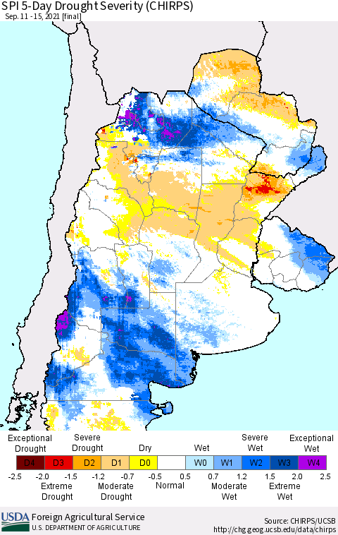 Southern South America SPI 5-Day Drought Severity (CHIRPS) Thematic Map For 9/11/2021 - 9/15/2021