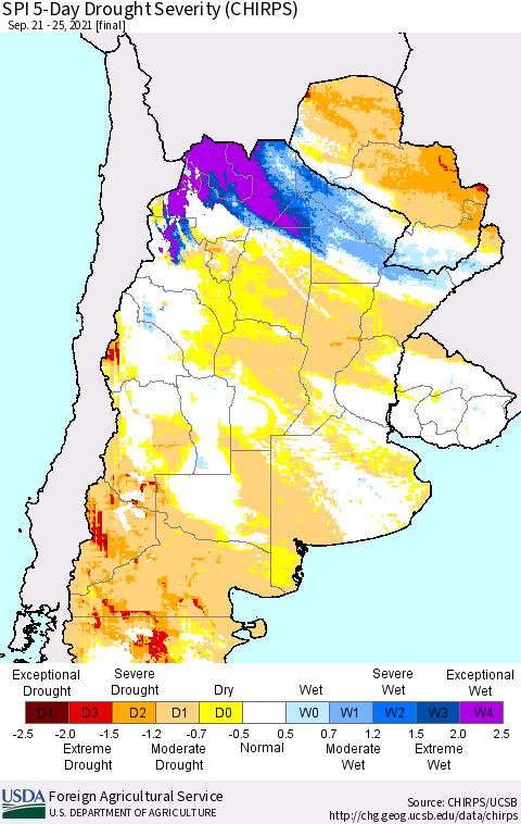 Southern South America SPI 5-Day Drought Severity (CHIRPS) Thematic Map For 9/21/2021 - 9/25/2021