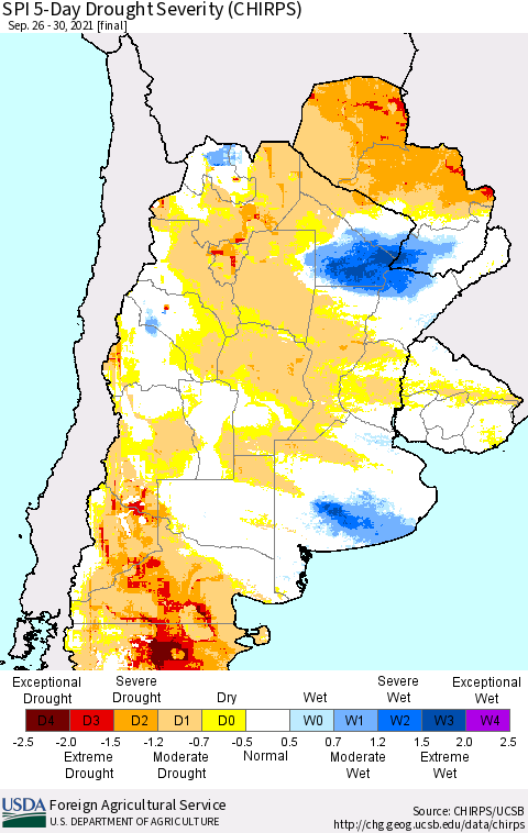 Southern South America SPI 5-Day Drought Severity (CHIRPS) Thematic Map For 9/26/2021 - 9/30/2021