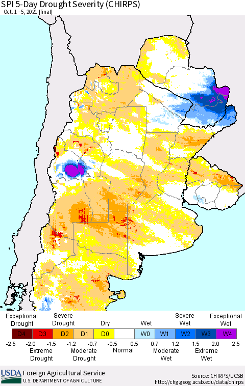 Southern South America SPI 5-Day Drought Severity (CHIRPS) Thematic Map For 10/1/2021 - 10/5/2021