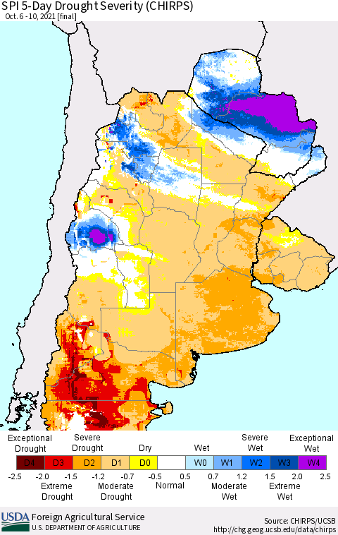 Southern South America SPI 5-Day Drought Severity (CHIRPS) Thematic Map For 10/6/2021 - 10/10/2021