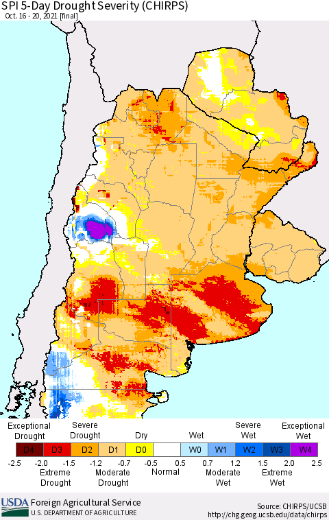 Southern South America SPI 5-Day Drought Severity (CHIRPS) Thematic Map For 10/16/2021 - 10/20/2021